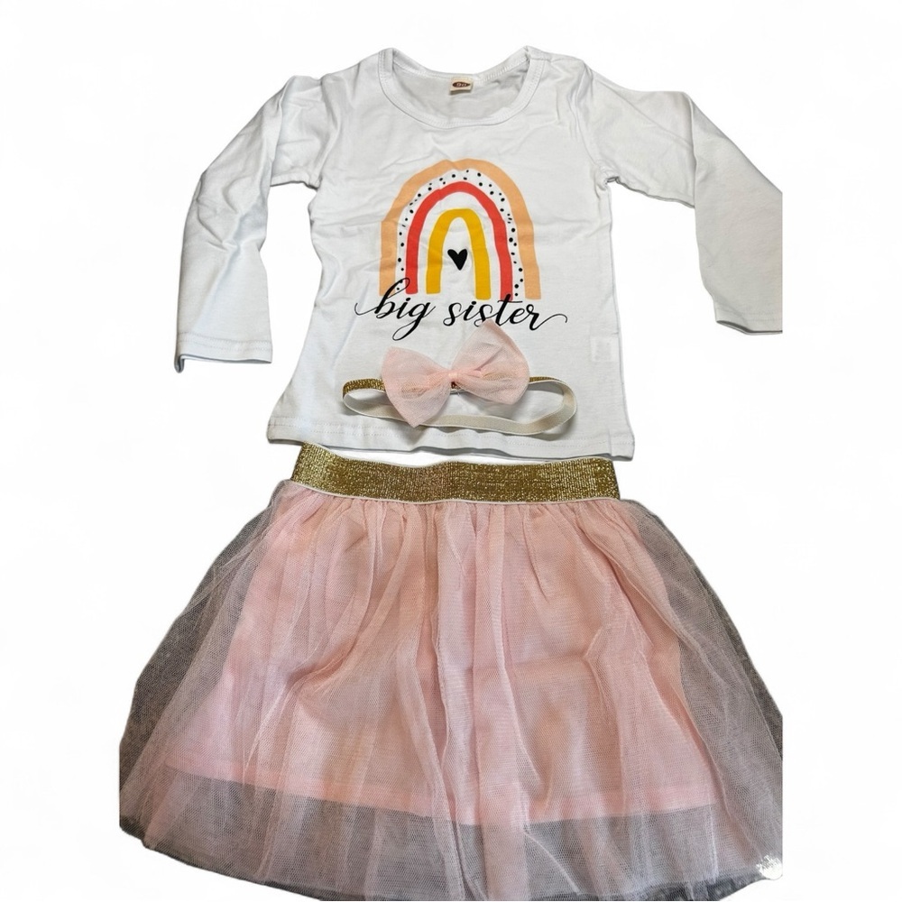Big Sister Rainbow Outfit with Tutu Skirt and Headband Size 2T Pink and white - Picture 2 of 10